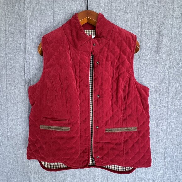 Orvis Quilted Deep Ruby Red Tan Corduroy Pocket Piping Zip Front Vest Size Large - Picture 3 of 11